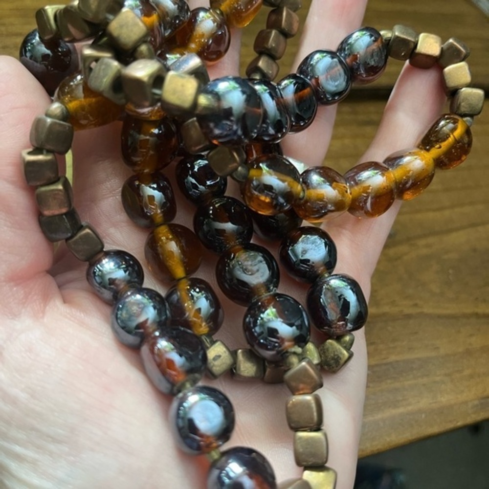 Vintage Elegant Brown Gold Bronze Glass Long Chunky Beaded Statement Necklace